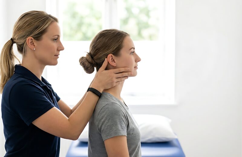 Physiotherapist assessing neck movement for a patient experiencing headaches in Turramurra
