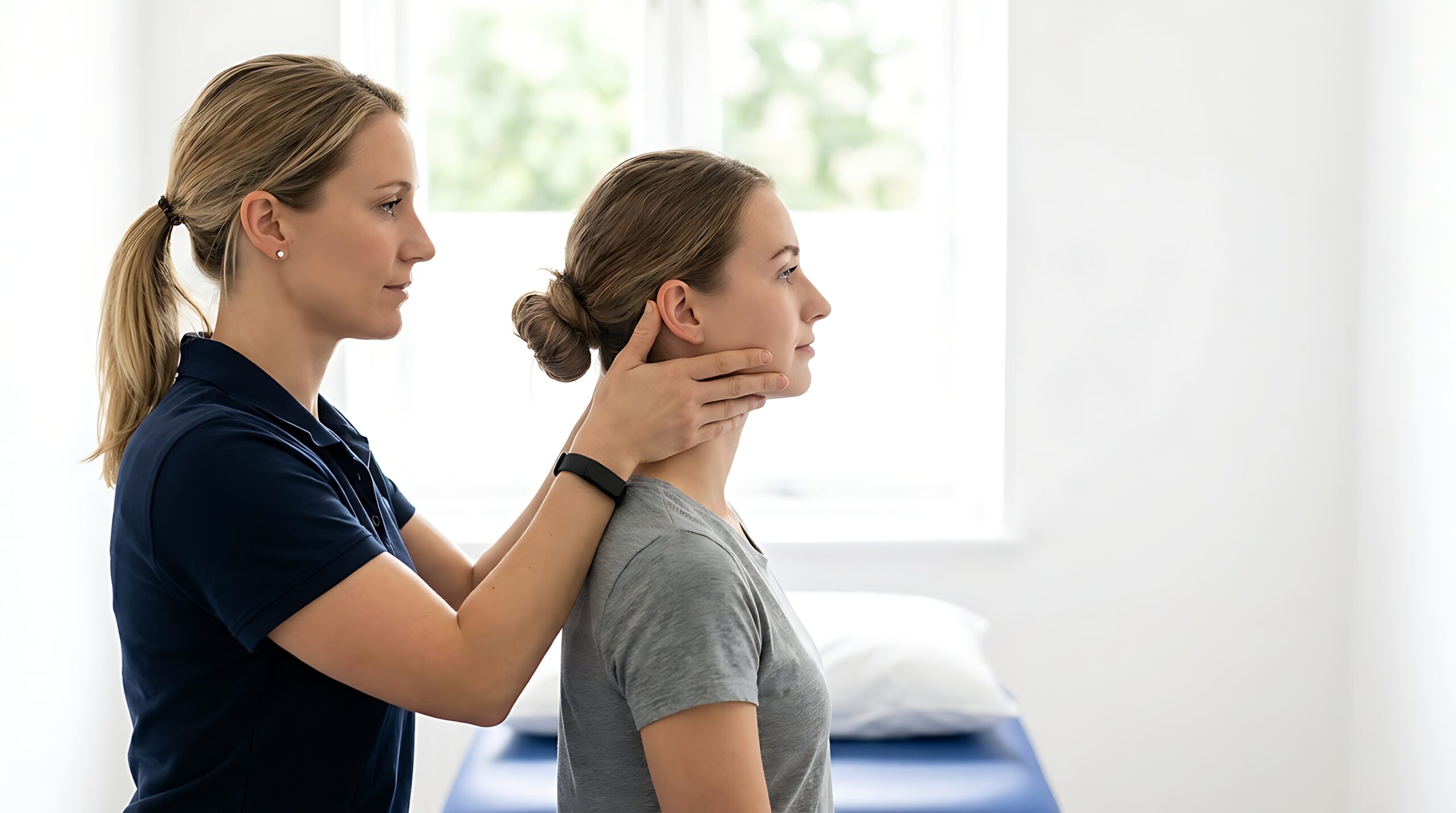 Physiotherapist assessing neck movement for a patient experiencing headaches in Turramurra